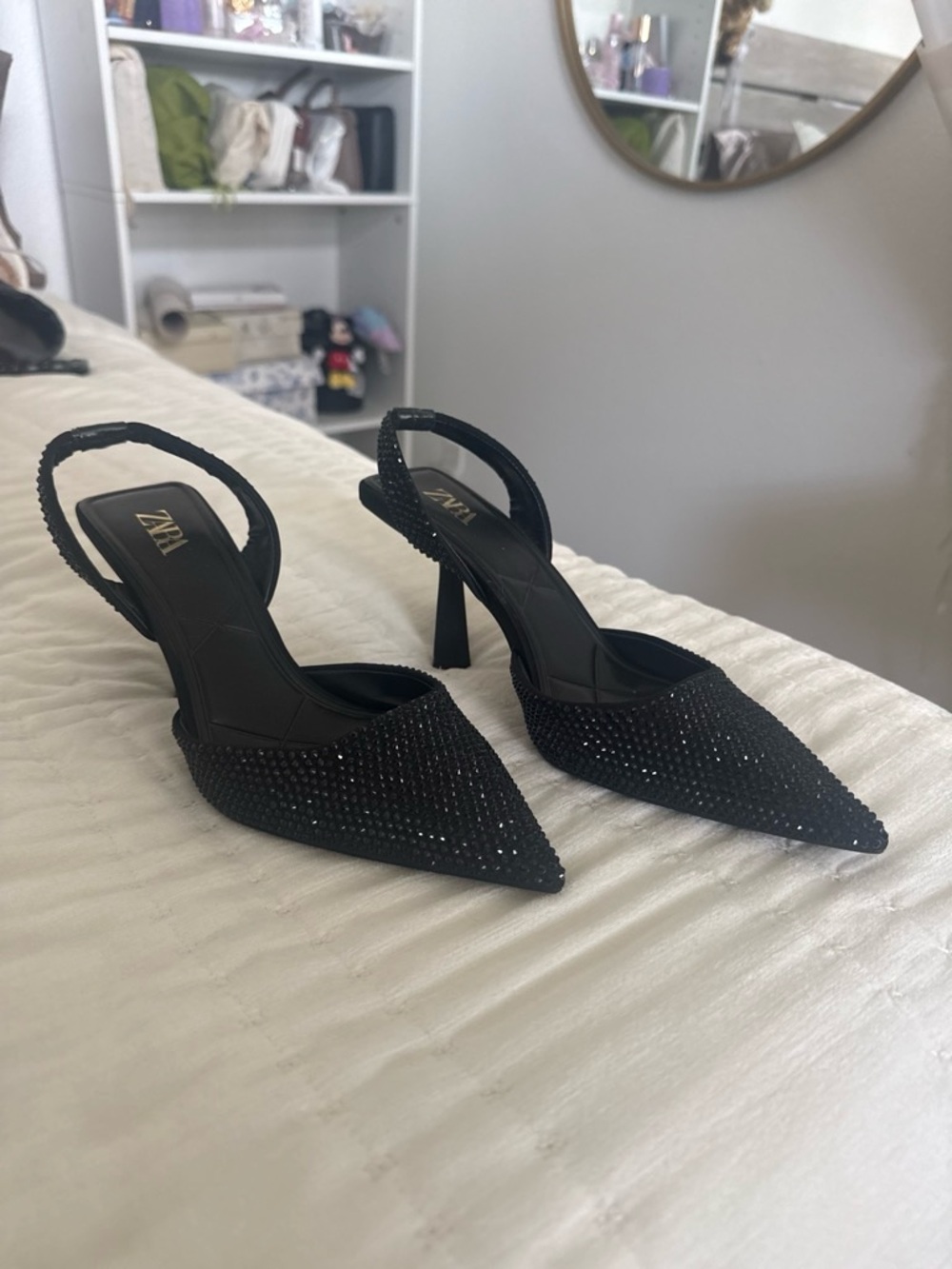 Zara Black Rhinestone Slingback Pointed Heels